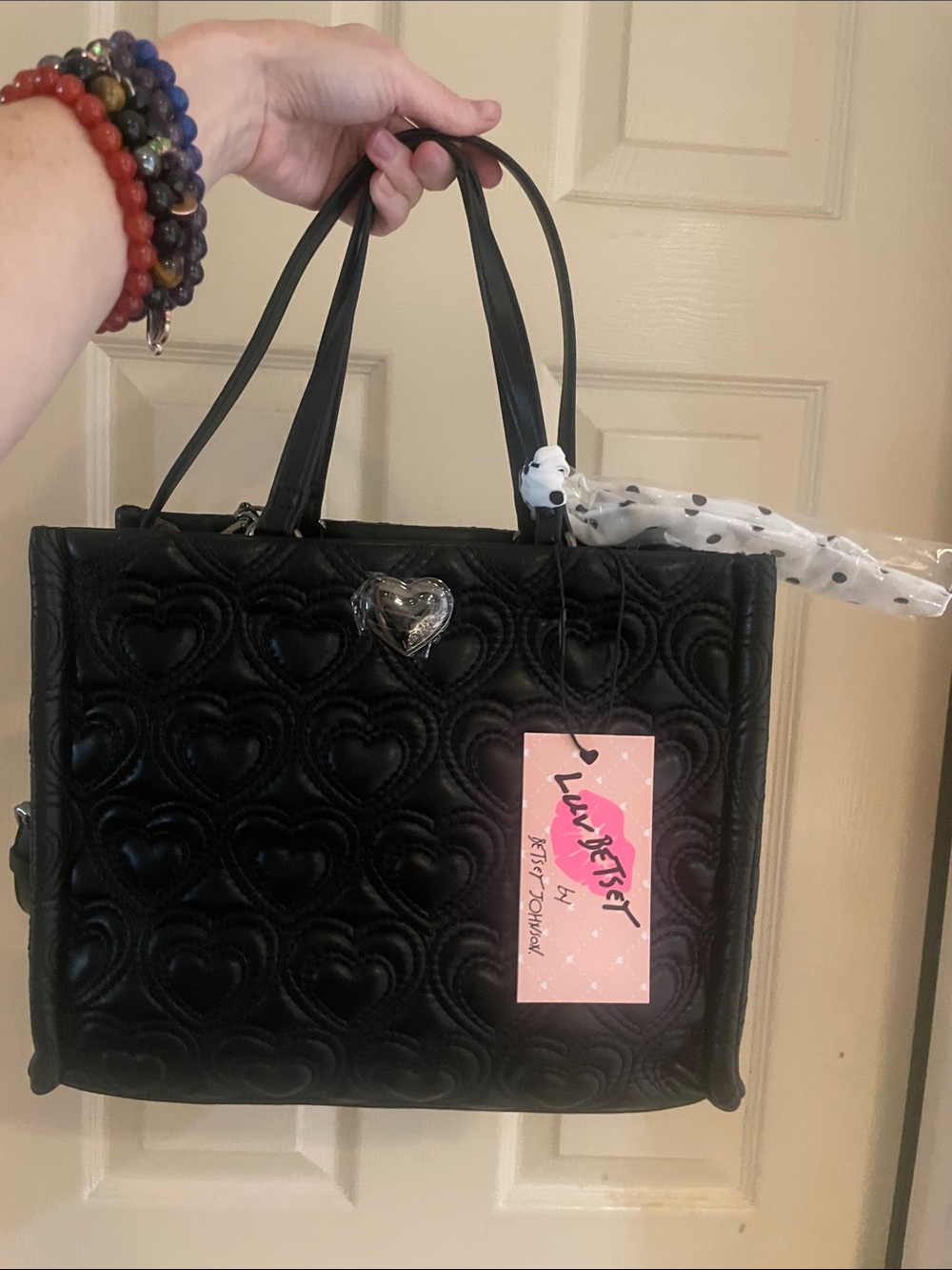 Betsey Johnson, Luv Betsey Black Quilted Heart Tote with scarf & crossbody strap
